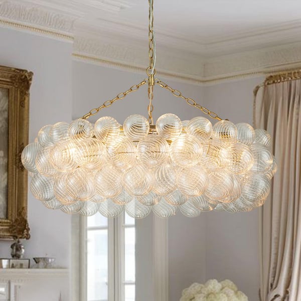 Neuvy 8-Light 32.7 in.W Brass Chandelier w/Swirled-Glass Orb Cluster Bubble Ring Ribbed Glass Chandelier for Living Room