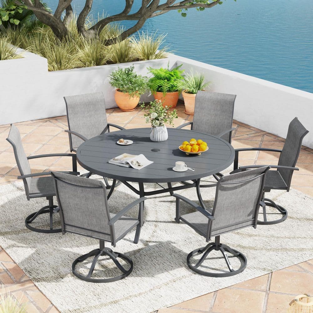 7-Piece Metal Outdoor Patio Dining Set with 53 in. Gray Round Table and 6 Gray Textilene Swivel Dining Chairs price history on PriceWatchPro