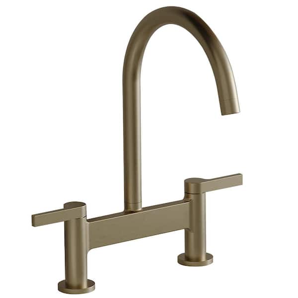 Modern Double-Handle 2-Hole Bridge Kitchen Faucet with 360° Swivel Spout in Brushed Gold