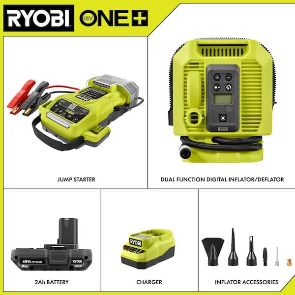 ONE+ 18V Cordless 1600A Jump Starter Kit & ONE+ 18V Cordless Dual Function Inflator/Deflator w/ 2.0 Ah Battery & Charger