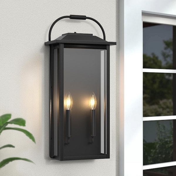 Montpelier 24 in. H 2-Bulb Black Hardwired Outdoor Wall Lantern Sconce with Dusk to Dawn