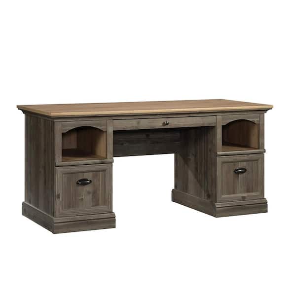 SAUDER Sonnet Springs 65.118 in. Pebble Pine Executive Desk with File Storage and Open Cubbies