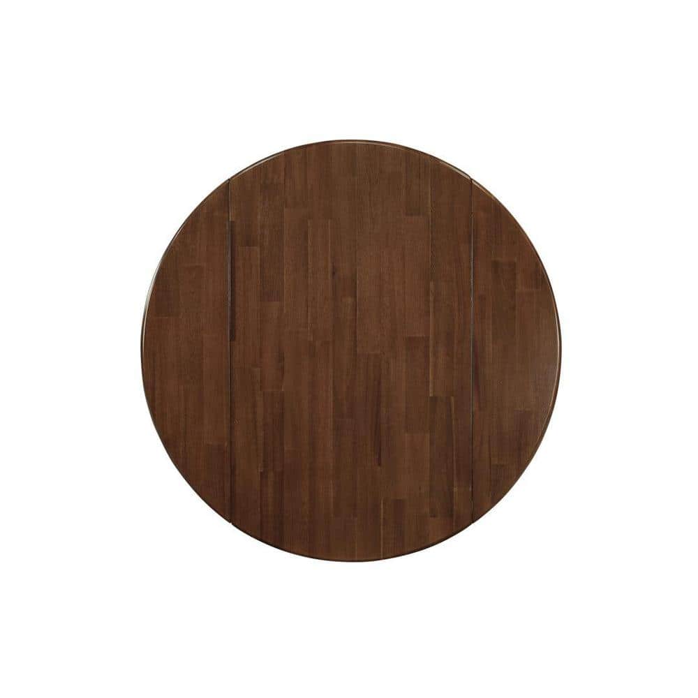 Antique Walnut Round Rubberwood Dining Table with Dropleaf and 2 Navy Blue Faux Leather Chairs