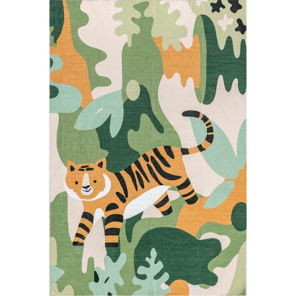Reenie Jungle Tiger Machine Washable Green 7 ft. 6 in. x 9 ft. 6 in. Area Rug