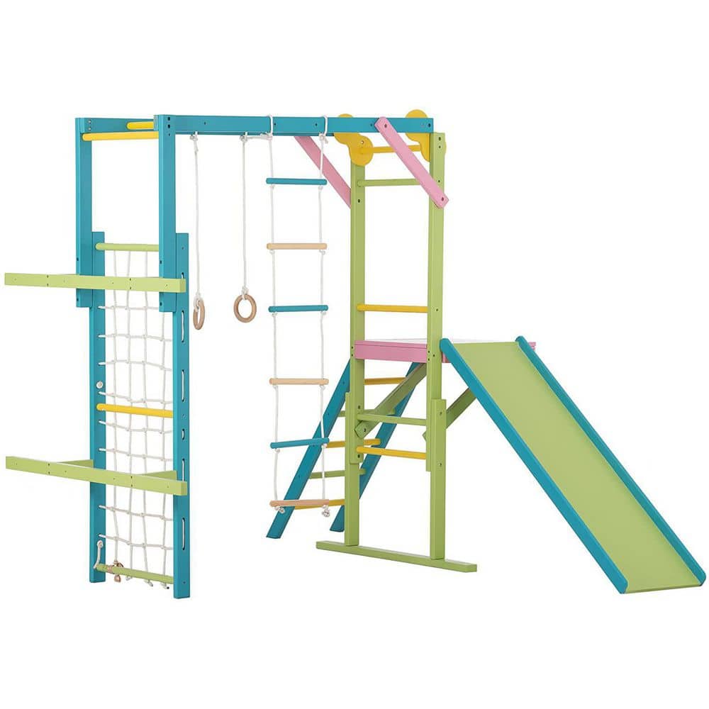 Grove Indoor Wooden Jungle Gym Monkey Bars and Rope Wall Net, Ladder, Climb