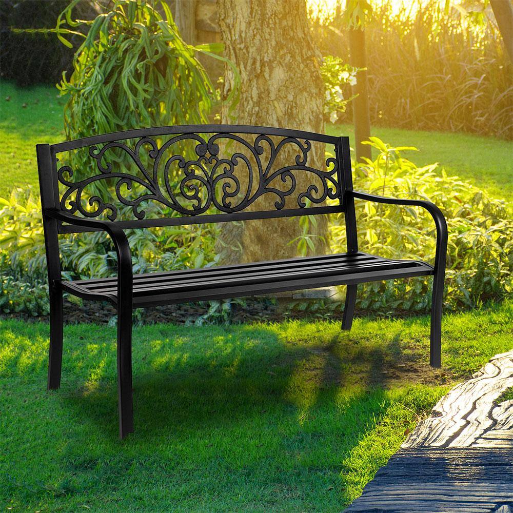 Black Powder Coated Steel Outdoor Bench with Cast Iron Backrest