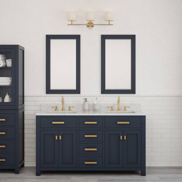 Madison 60 in. W x 21.5 in. D x 34 in. H Double Sink Bath Vanity in Monarch Blue with Carrara White Marble Top