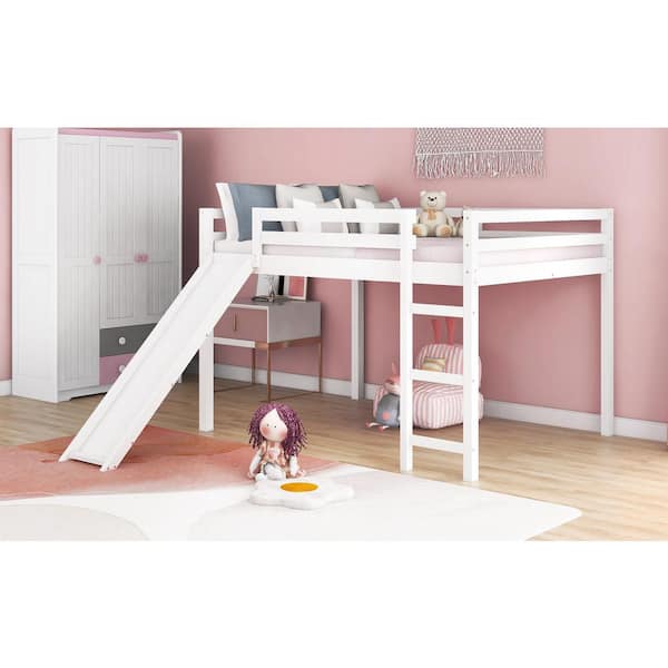 ANBAZAR White Modern Twin Size Low Loft Bed with Slide, Wood Kids Loft Bed  Frame with Ladder and Rails, No Box Spring Needed 01736ANNA-K - The Home  Depot