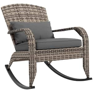 Wicker Outdoor Adirondack Rocking Chair with High Back, Gray Seat Cushion, and Pillow