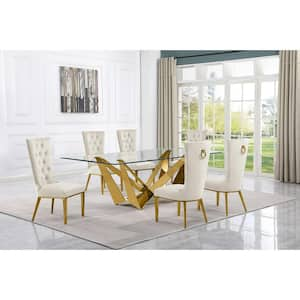 Meryl 7-Piece Rectangular Glass Top Gold Stainless Steel Dining Set With 6-Cream Velvet Gold Stainless Steel Chairs