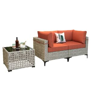 Apollo 3-Piece Wicker Outdoor Patio Conversation Seating Set with Orange Red Cushions