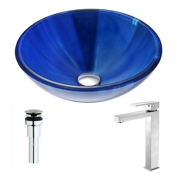 ANZZI Meno Series Deco-Glass Vessel Sink in Lustrous Blue with Enti Faucet in Brushed Nickel