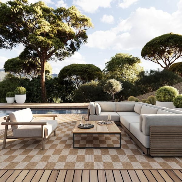 Layali Modern Checkered Ivory 6 ft. x 9 ft. Outdoor Area Rug