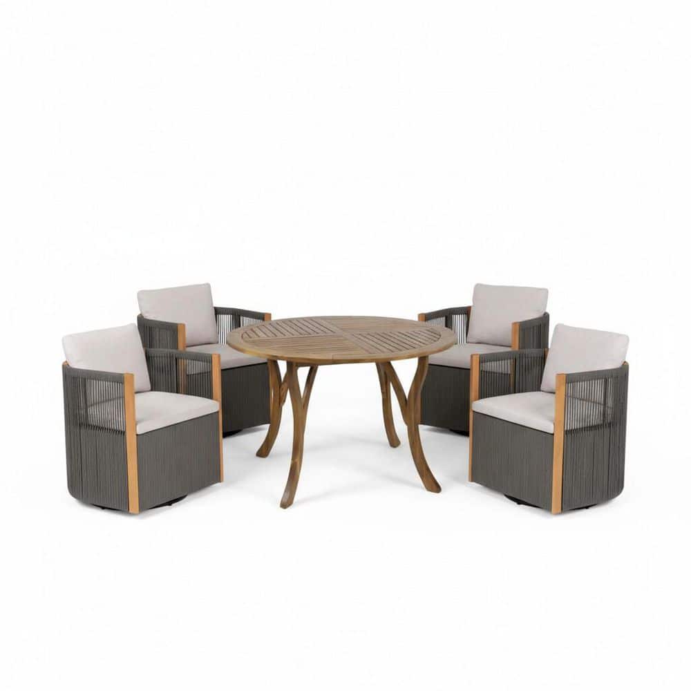 Ianthe 5-Piece Wood Patio Outdoor Dining Set with Beige Cushions, Curved Table Legs and Grey Swivel Chairs (Seats 4) price history on PriceWatchPro