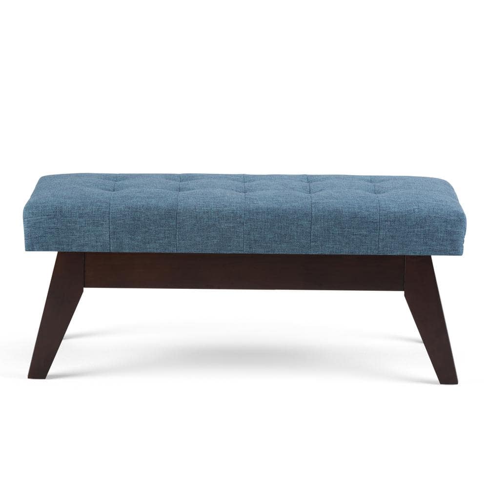 Draper Mid Century Tufted Ottoman Bench in Denim Blue Linen