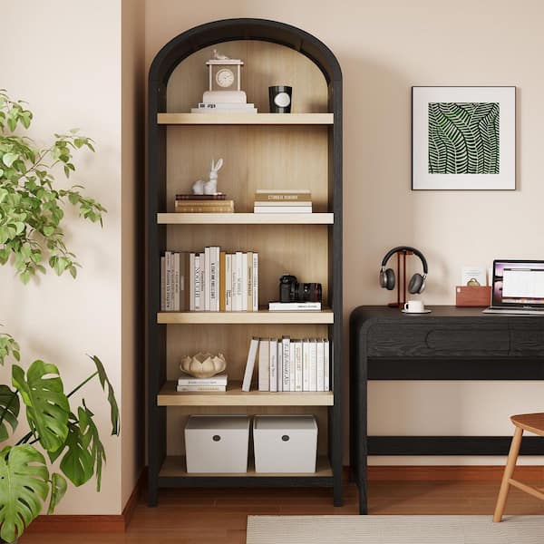 76 in. Tall Black Wood 5-Shelf Arched Bookcase with Open Front Storage Design
