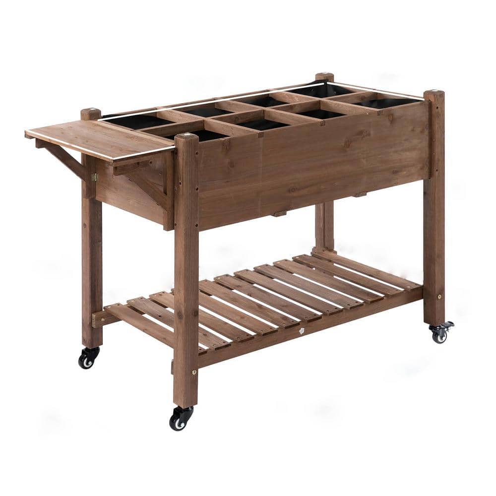 Outdoor Wood Raised Garden Bed Plant Box with Folding Side Clapboard, Wheel