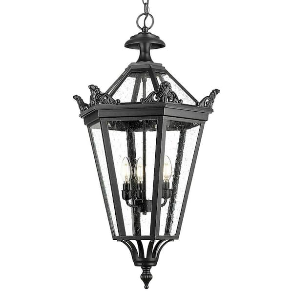 JAZAVA 32 in. 3-light Black Outdoor Waterproof Pendant Light with Seeded Glass Hanging Light and No Bulbs Included