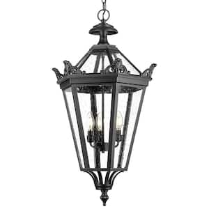 32 in. 3-light Black Outdoor Waterproof Pendant Light with Seeded Glass Hanging Light and No Bulbs Included