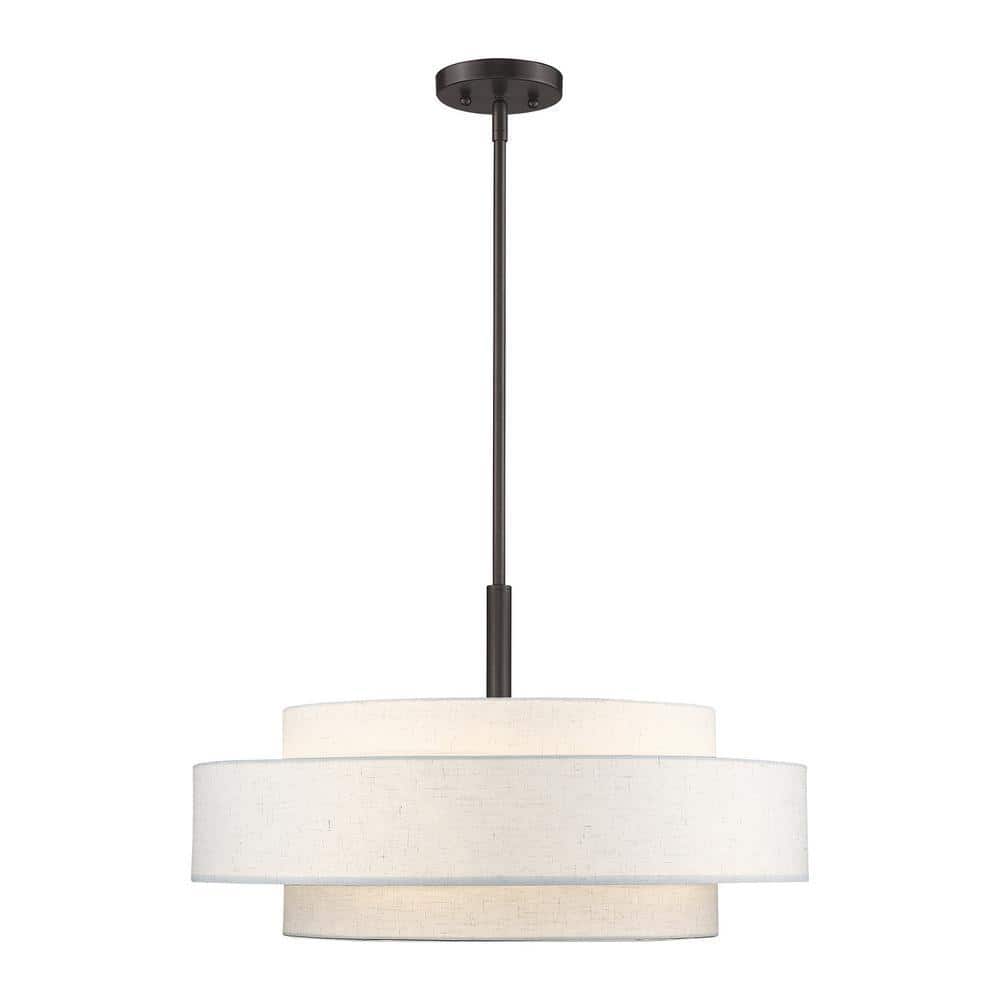 English Bronze Drum Shade Pendant Light with Oatmeal Fabric