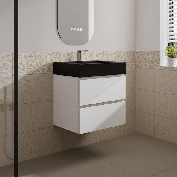 Aaby 24 in. W x 18 in. D x 25 in. H Wall Mounted Floating Bath Vanity Cabinet in White with Black Quartz Top and Sink