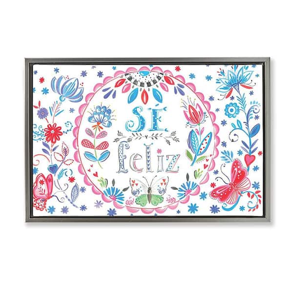 Stupell Industries Be Happy Floral Butterflies by SD Graphics Studio Gray Floater Frame Typography Graphic Art Print 17 in. x 25 in.