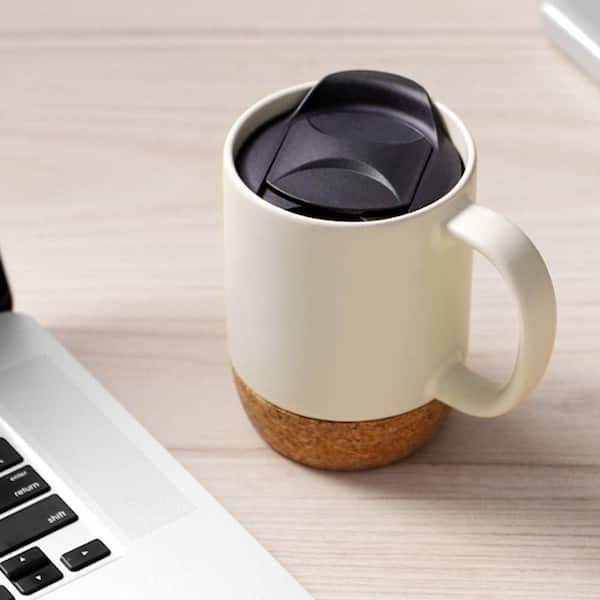 Aoibox 15 oz. Large Ceramic Coffee Mug with Cork Bottom and Spill Proof Lid, Set of 2, Matte Black, Beige