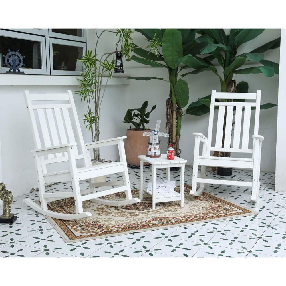 3-Piece All Weather White Rocking Chair Set with Patio Side Table, 3-Piece 