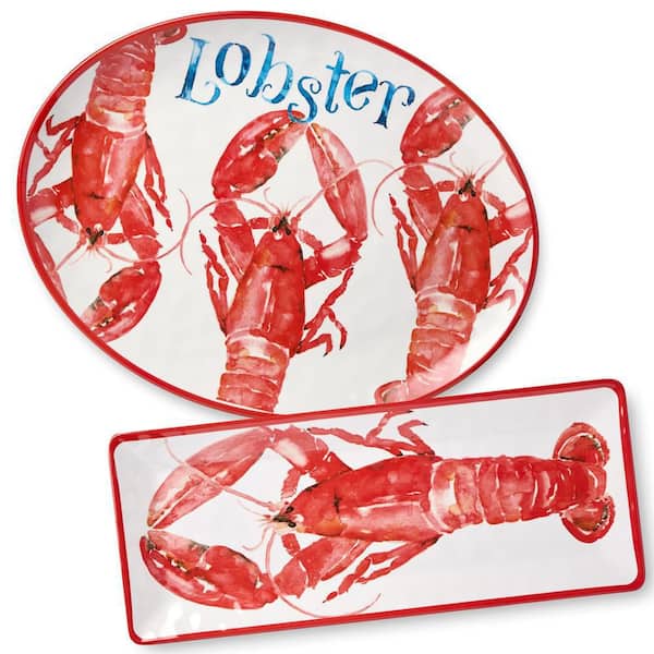 13.5 in. Blue Beach House Lobster Melamine 2-Piece Platter Set