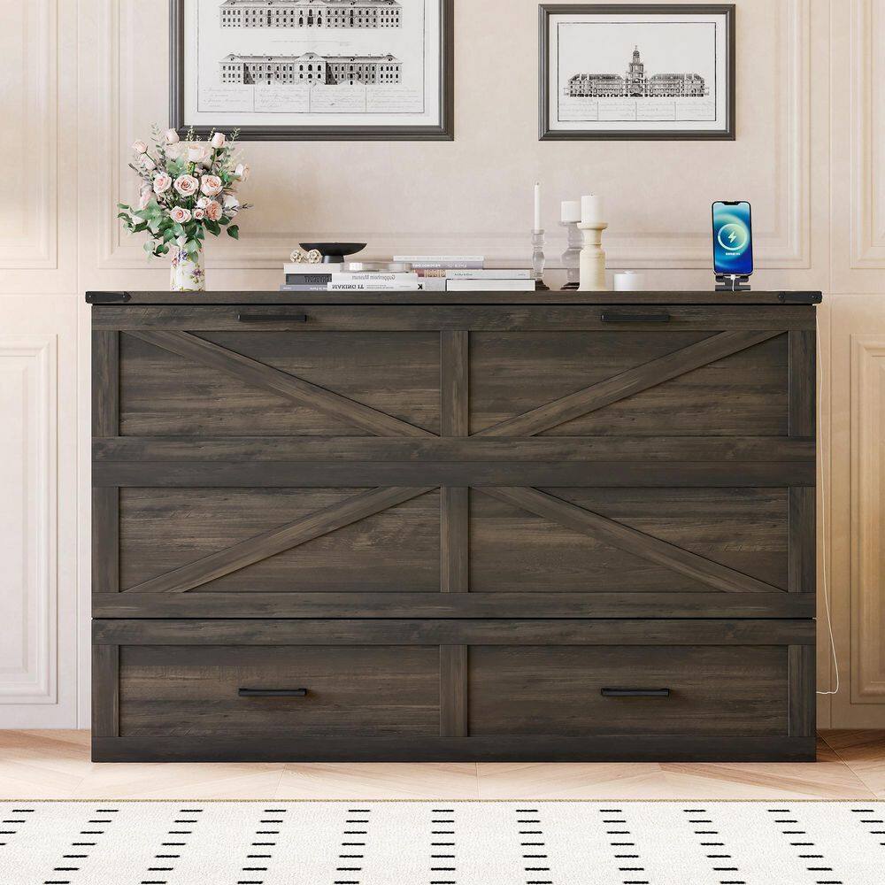 Rustic Gray Wood Frame Queen Farmhouse Murphy Bed with Charging Station, Foldable Cabinet Bed with Large Storage Drawer - thumbnail 8