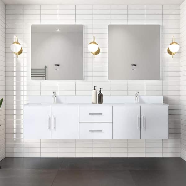 Geneva 80 in. W x 22 in. D Glossy White Double Bath Vanity and White Quartz Top