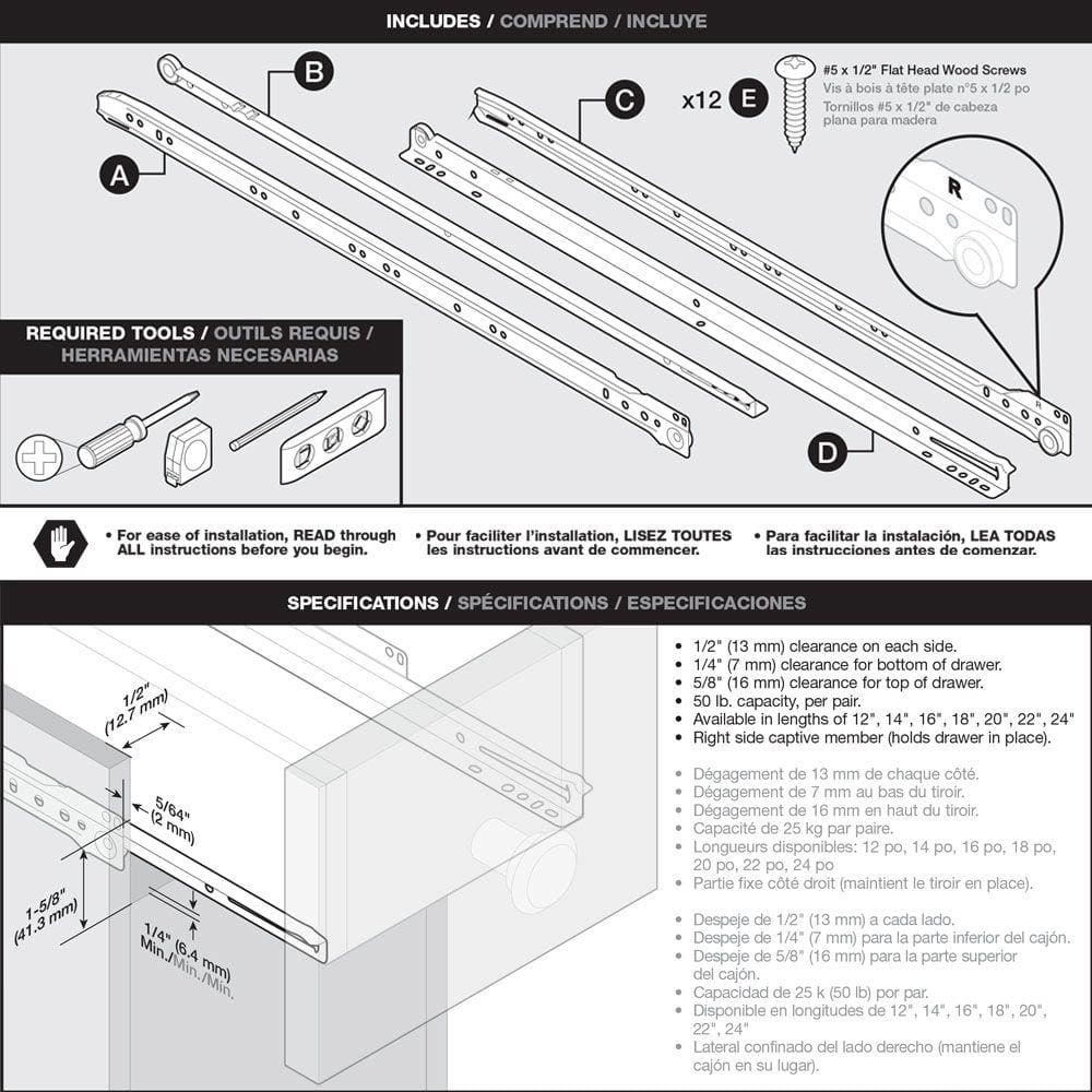 White 16-Inch Bottom Mount Drawer Slide Set