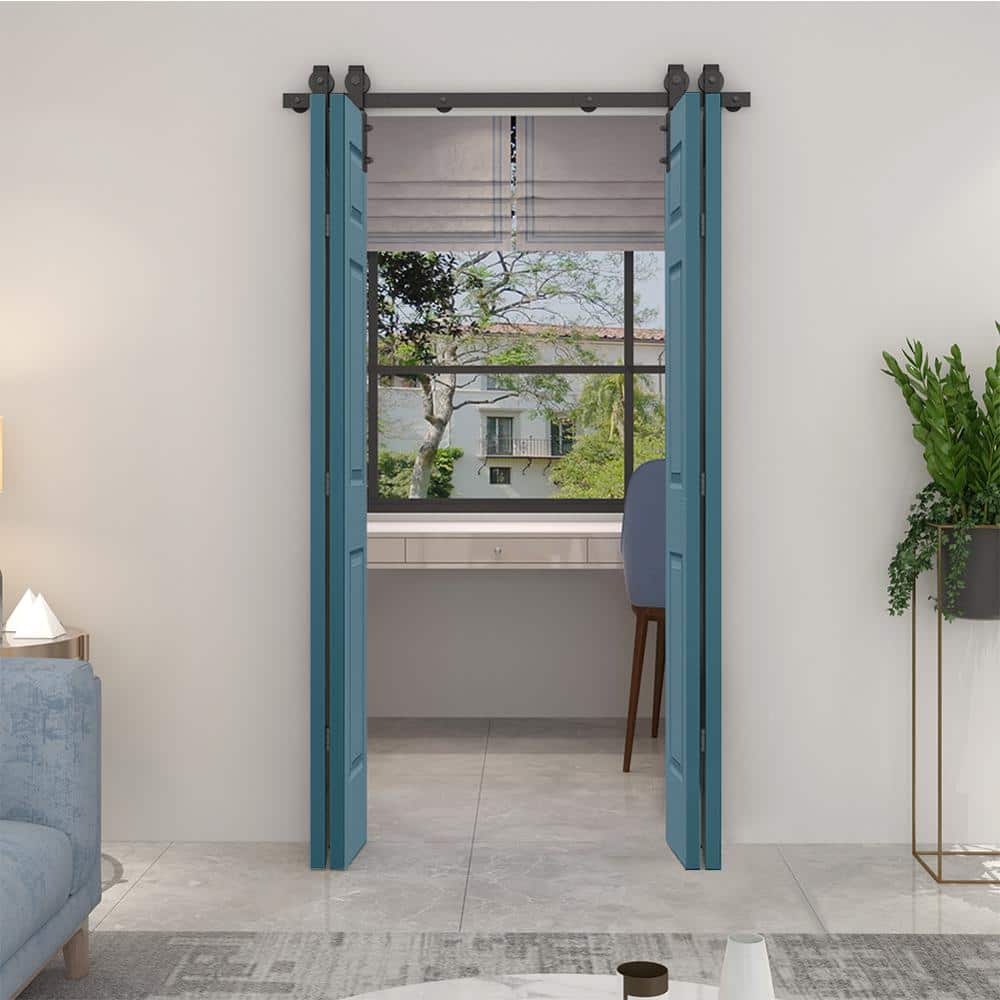 Dignity Blue 48" x 80" MDF Double Bifold Barn Doors with Black Hardware