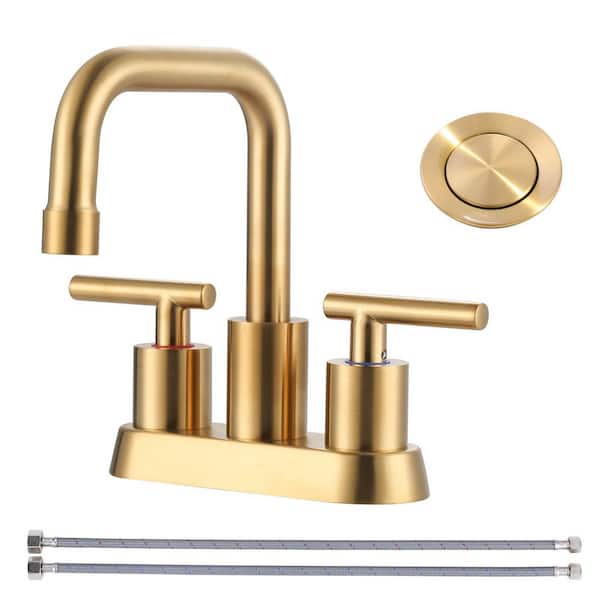4 in. Centerset 3-Hole Double-Handle Bathroom Sink Faucet with Pop-Up Drain in Brushed Gold