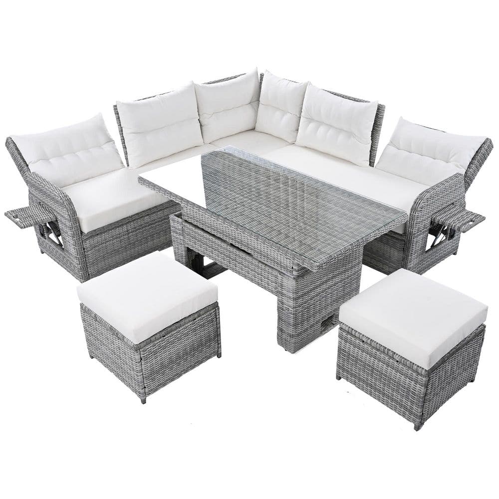 Wicker Outdoor Sectional Set with Adjustable Table, Recliners with Extendable Side Tables, Two Ottomans, Beige Cushions price history on PriceWatchPro