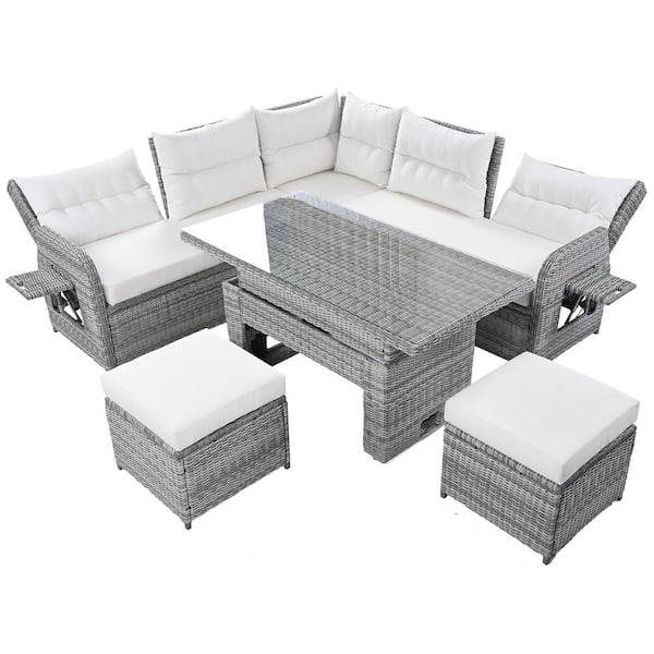 Wicker Outdoor Sectional Set with Adjustable Table, Recliners with Extendable Side Tables, Two Ottomans, Beige Cushions