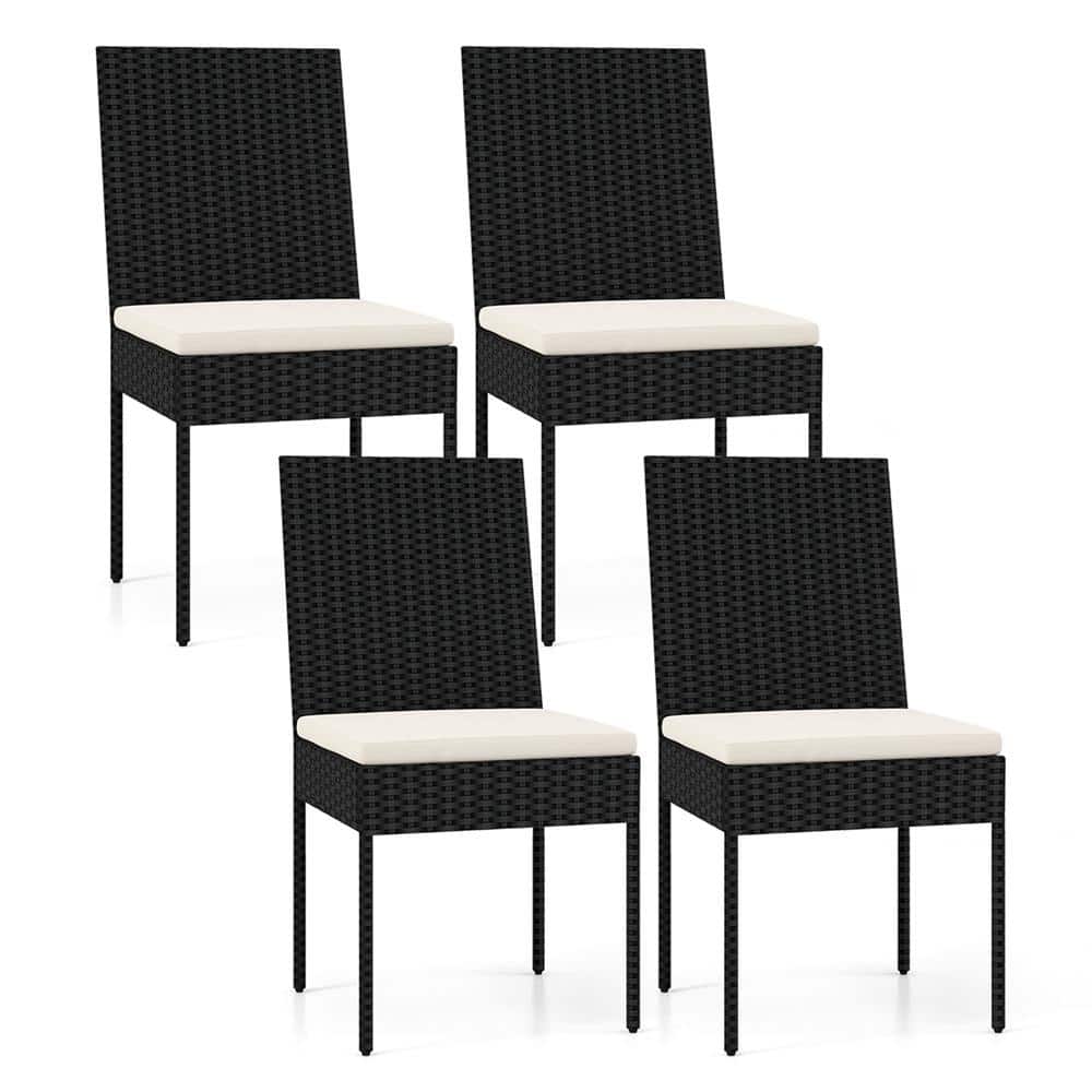 Costway Black Metal Outdoor Dining Chairs with Off White Cushions (Set of 4)