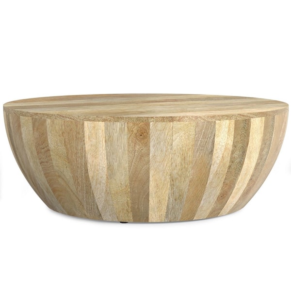 Elmbrook Solid Mango Wood 34 in. Wide Round Modern Industrial Drum Coffee Table in Natural, Fully Assembled