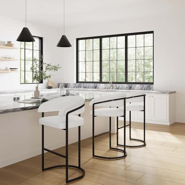 Manhattan Comfort Augusta Modern 29.7 in. White Metal Bar Stool with Faux Leather Upholstered Seat (Set of 3)