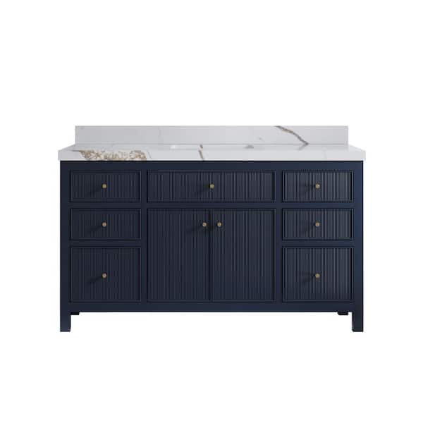 Willow Collections Sonoma 60 in. Single Sink Freestanding Navy Blue Bath Vanity with Calacatta Gold Quartz Top Unassembled