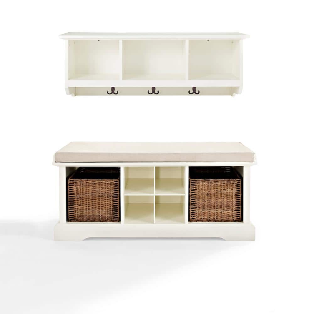 Minimalist Rustic White Entryway Storage Bench with Plinth Base