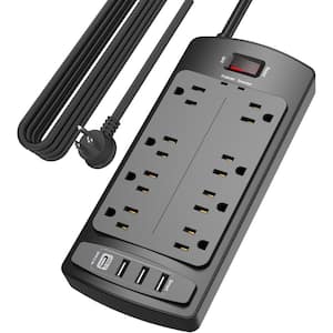 15 ft. Cord Flat Plug 8-Outlets Surge Protector Power Strip Tower with 3-USB-A and 1-USB-C Ports, 2700-Joules in Black