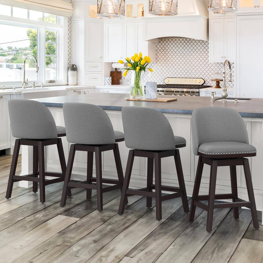 Gray Faux Leather and Wood Swivel Counter Height Bar Stools, Set of 4