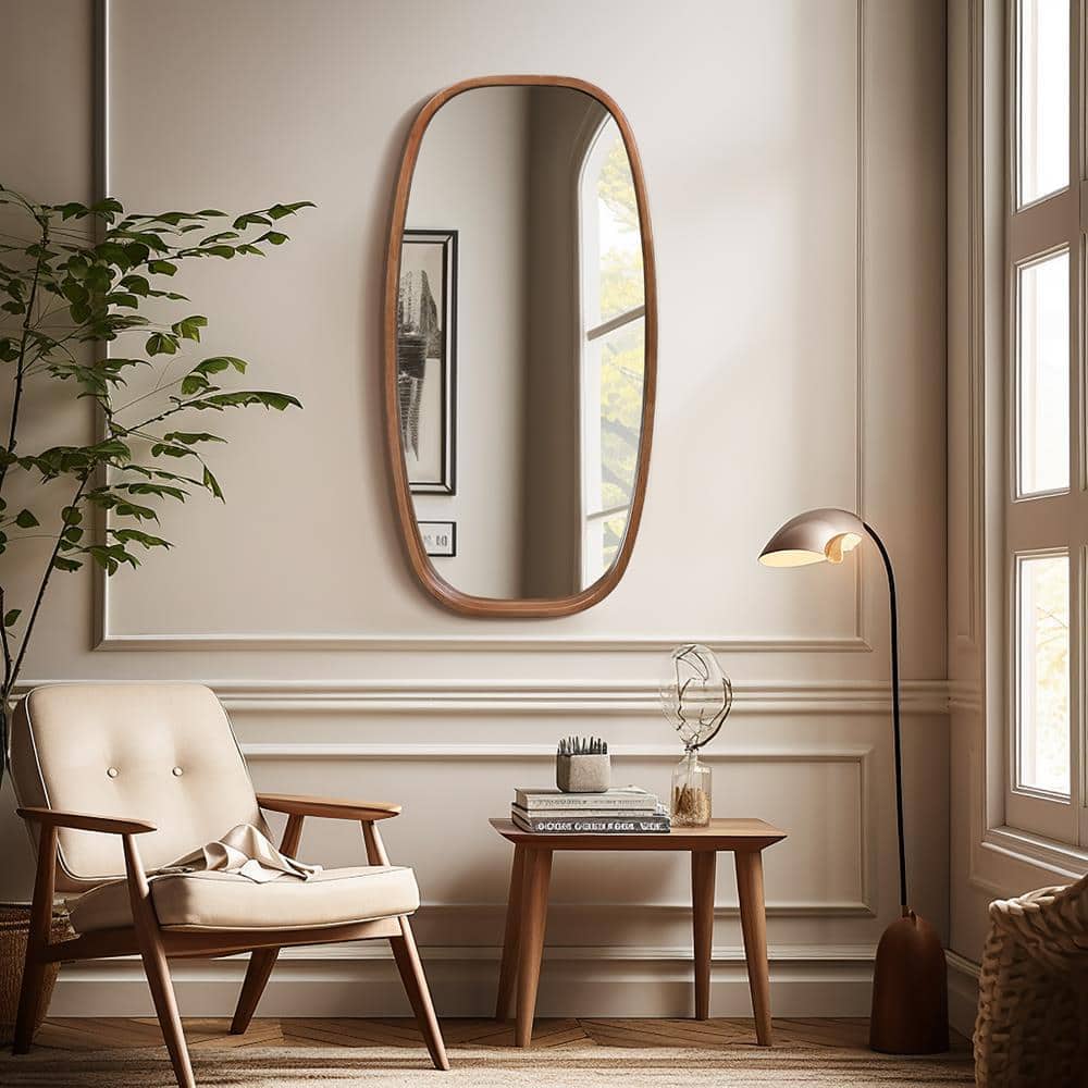 Natural Rubberwood Frame Rounded Rectangle Wall Mirror