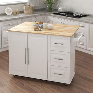 White Solid Wood Top 43.7 in. W Kitchen Island on 4-Wheels with 3 Drawers and Storage Cabinet