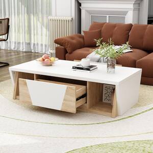 47.2 in ., Length White Rectangle Wooden Coffee Table with Drawers, Open Shelves