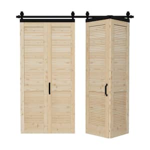 80 in. x 84 in. Unfinished Solid Core Pine Wood Louver Bi-Fold Sliding Barn Door with Hardware Kit