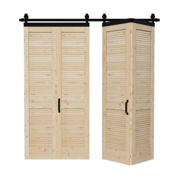 ARK DESIGN 80 in. x 84 in. Unfinished Solid Core Pine Wood Louver Bi-Fold Sliding Barn Door with Hardware Kit