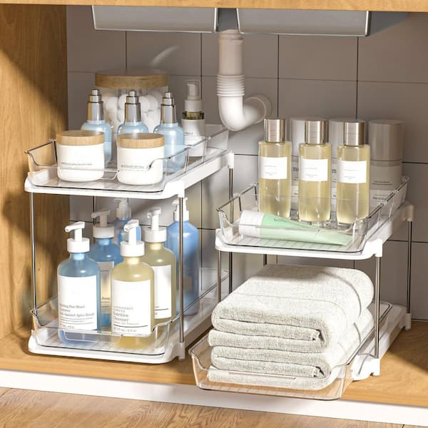 2-Tier Multi-Purpose Bathroom Under Sink Organizers and Storage, Metal Stackable Kitchen Pantry Organization, in White