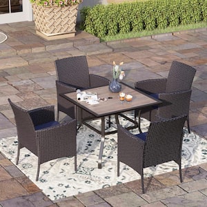Black 5-Pcs Metal Square Patio Outdoor Dining Set with Wood-Look Table and Rattan Chairs with Blue Cushion